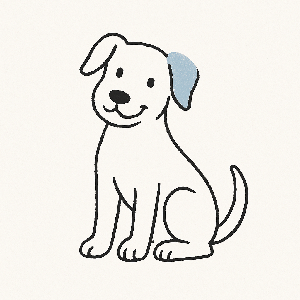 Cookie als Zeichnung. Kleiner Hund mit einem grauen Ohr.
